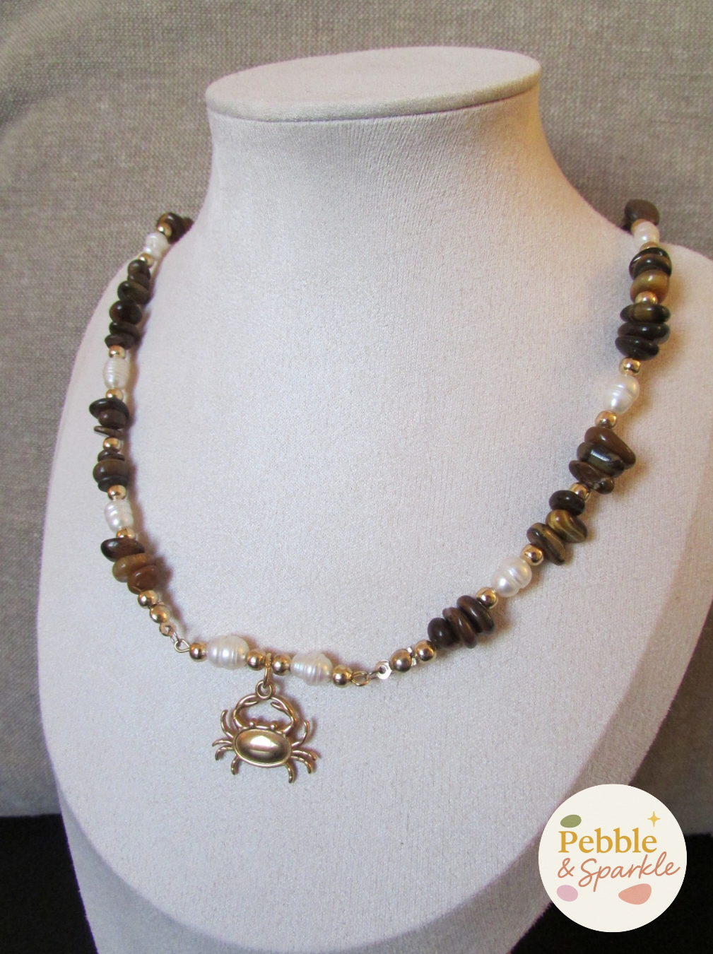 Pebble & Sparkle Tigers Eye and Freshwater Pearl Crab Bar Necklace
