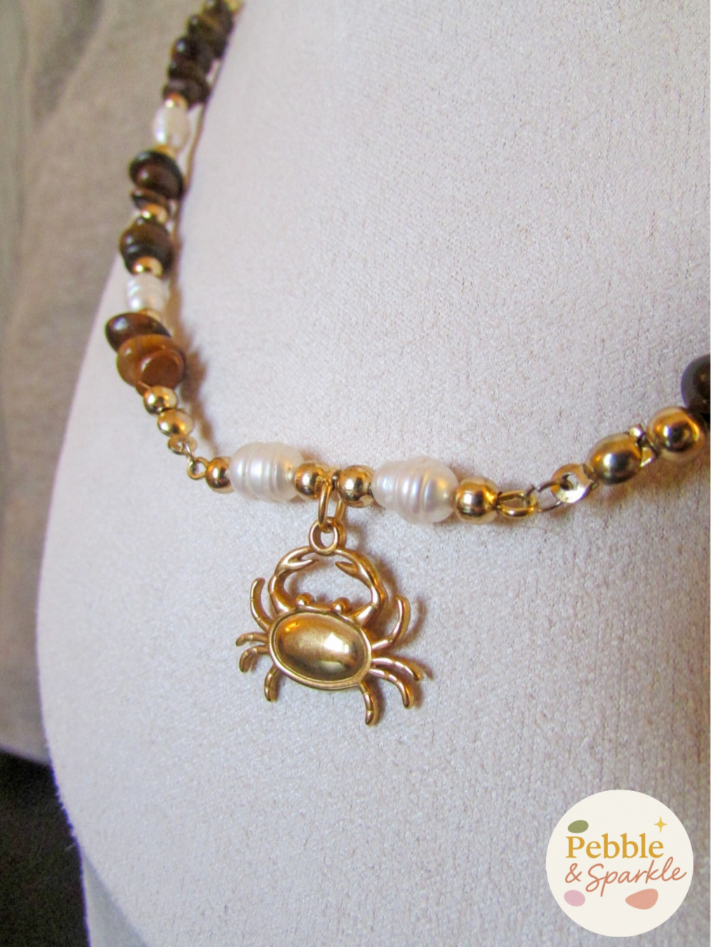 Pebble & Sparkle Tigers Eye and Freshwater Pearl Crab Bar Necklace